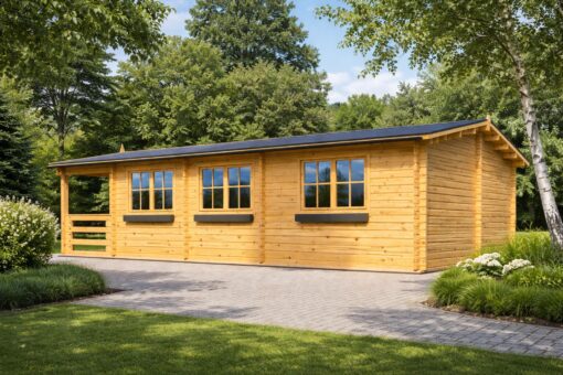 Bjælkehytte med terrasse Hymer, 42 m² + 10 m²