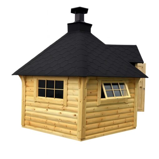 grillhytte med udvidelse, grillhytte 12 personer, træ grillhytte, grillhytte Danmark, havehytte med grill, udendørs grillhus, grillhytte med soveplads, luksus grillhytte, helårs grillhytte, træhytte med grill