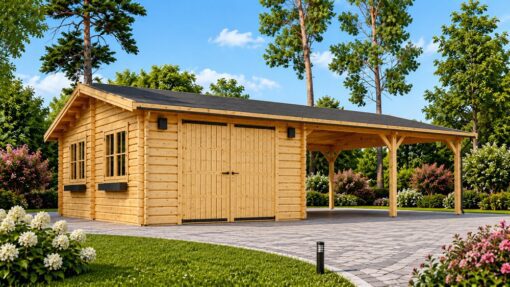 Garage med Dobbelt Carport 57 m² (9.5 m x 5.95 m), 44mm