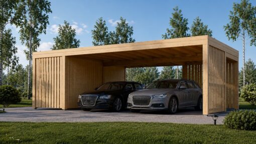 Dobbelt carport med skur LUNA DUO F PLUS, 7.6 x 5.6 m