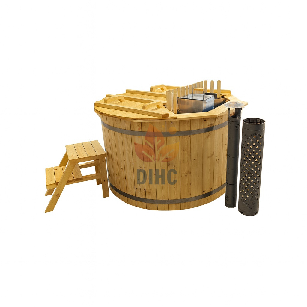 Vildmarksbad i træ med indbygget ovn