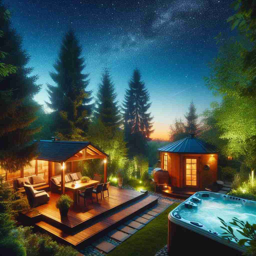 En stille aften scene under en stjerneklar himmel, med en hyggelig Grill Cabin indlejret i frodige omgivelser, et boblende Vildmarksbad i nærheden og en rolig Sauna, der fanger essensen af ro og luksus