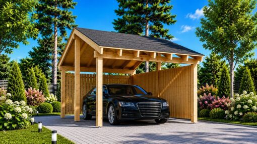 Træcarport med L-formet væg LUNA (3,2 x 6 m)