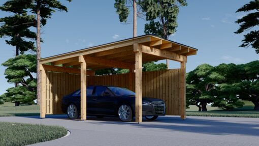 Træcarport LUNA F med L-formet væg, 3.2 x 6 m