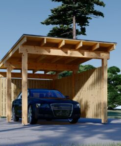 Træcarport LUNA F med L-formet væg, 3.2 x 6 m