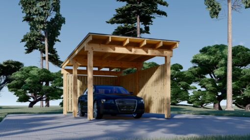 Træcarport LUNA F med L-formet væg, 3.2 x 6 m