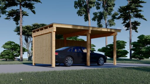 Træcarport LUNA F med L-formet væg, 3.2 x 6 m