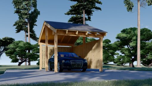 Carport i træ med L-formet væg LUNA, 3,2 x 6 m