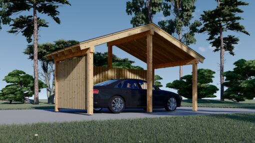 Carport i træ med L-formet væg LUNA, 3,2 x 6 m