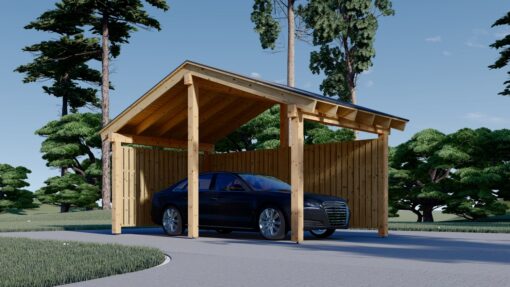 Carport i træ med L-formet væg LUNA, 3,2 x 6 m