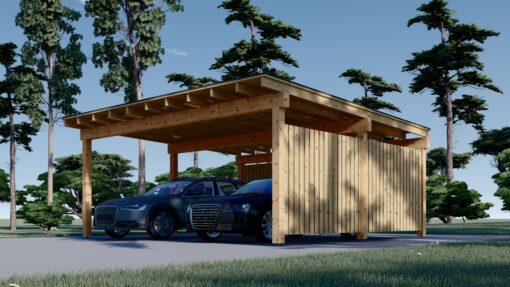 LUNA DUO F – 6×6 m Træcarport med L-Væg (2 Biler)